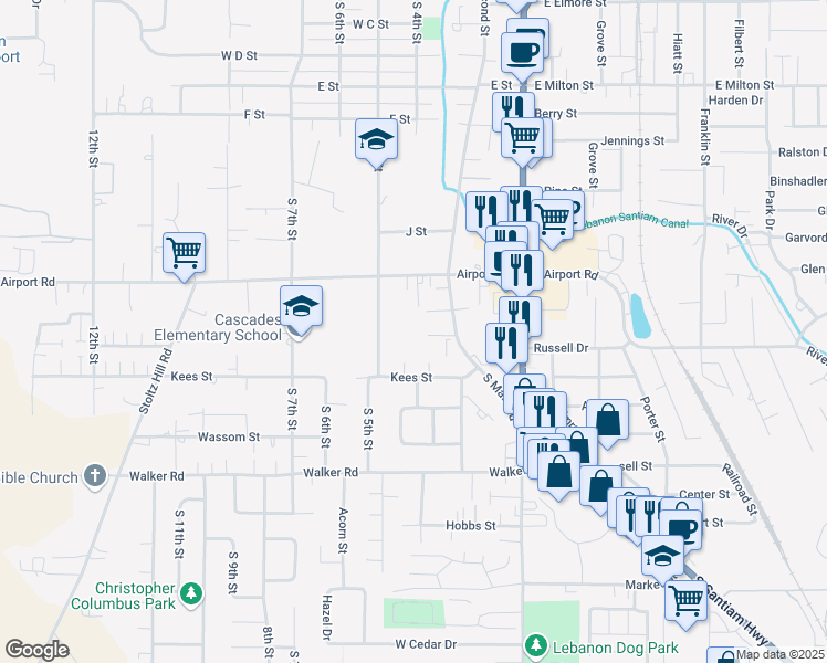 map of restaurants, bars, coffee shops, grocery stores, and more near 1956 South Second Street in Lebanon