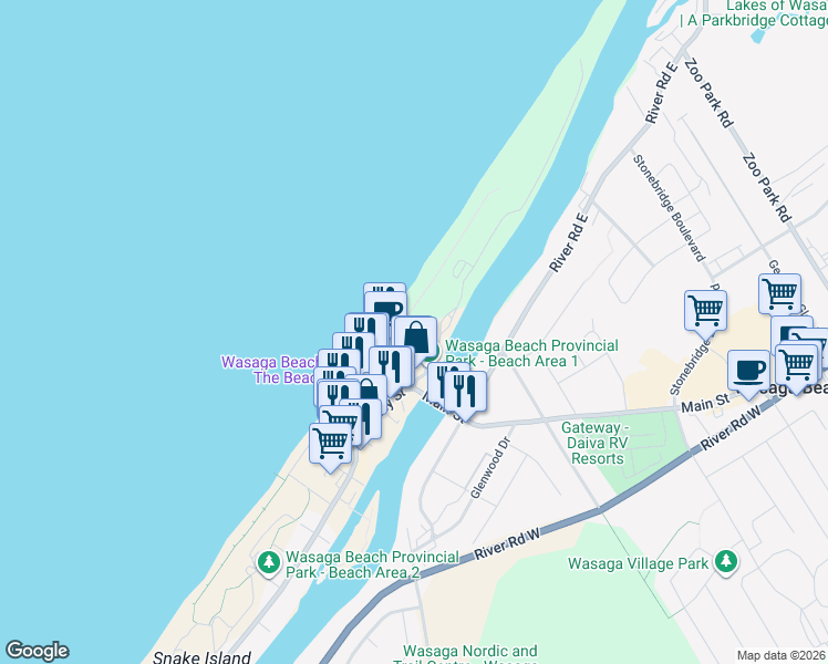 map of restaurants, bars, coffee shops, grocery stores, and more near 11 Spruce Street in Wasaga Beach