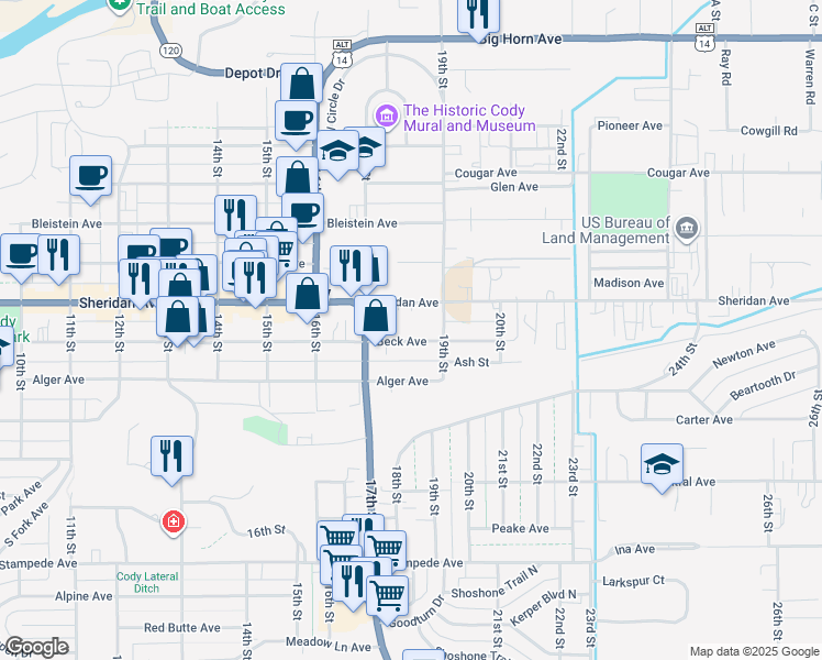 map of restaurants, bars, coffee shops, grocery stores, and more near 1736 Sheridan Avenue in Cody