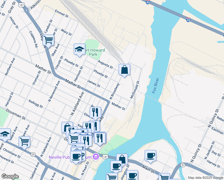 map of restaurants, bars, coffee shops, grocery stores, and more near 403 Phoebe Street in Green Bay