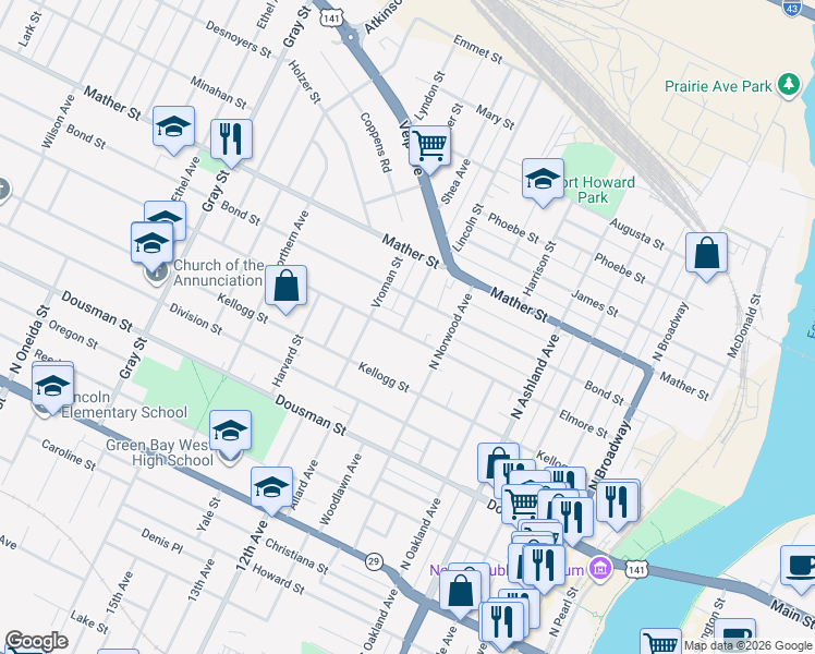 map of restaurants, bars, coffee shops, grocery stores, and more near 876 Elmore Street in Green Bay