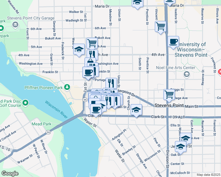 map of restaurants, bars, coffee shops, grocery stores, and more near 1017 3rd Street in Stevens Point