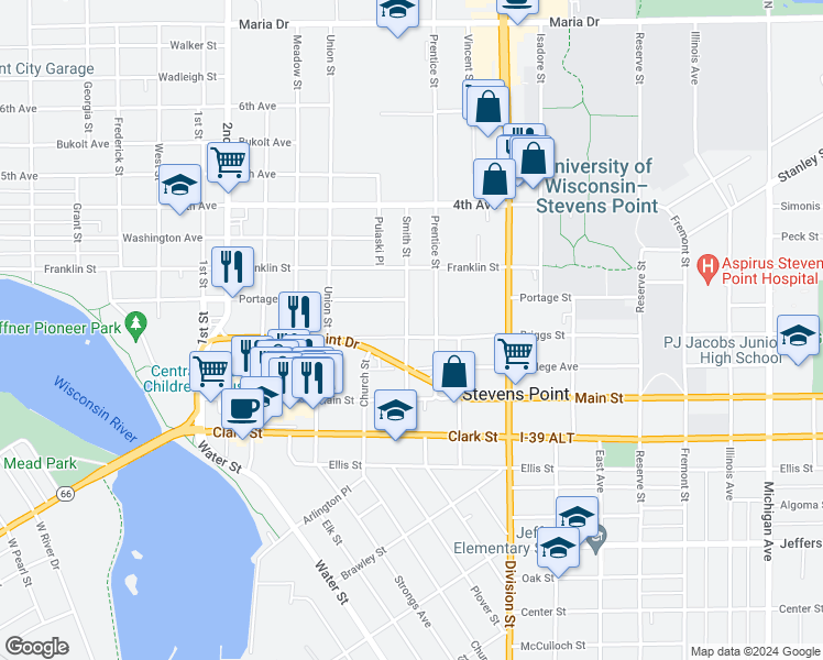 map of restaurants, bars, coffee shops, grocery stores, and more near 1400 Briggs Street in Stevens Point