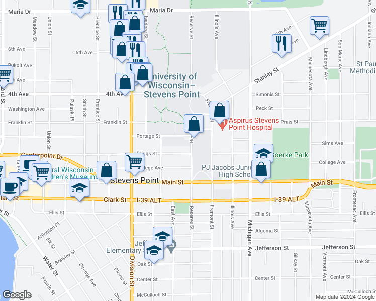 map of restaurants, bars, coffee shops, grocery stores, and more near 2040 Briggs Street in Stevens Point