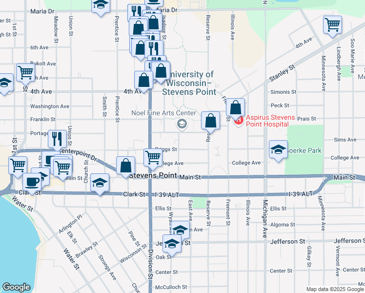 map of restaurants, bars, coffee shops, grocery stores, and more near 1908 Briggs Street in Stevens Point