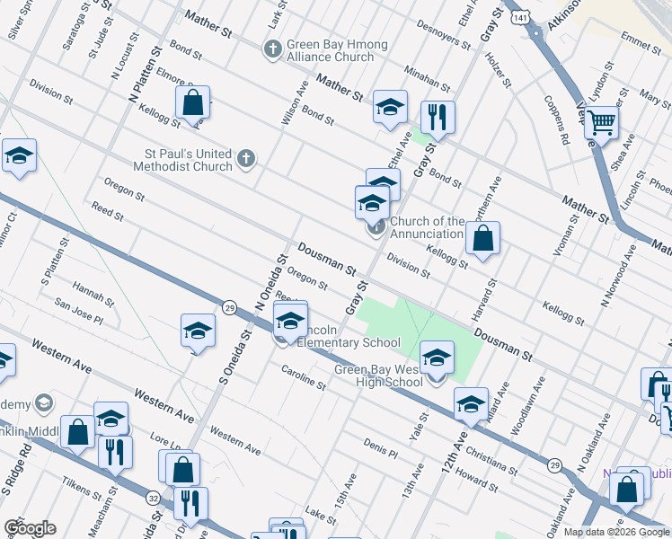 map of restaurants, bars, coffee shops, grocery stores, and more near 1112 Dousman Street in Green Bay