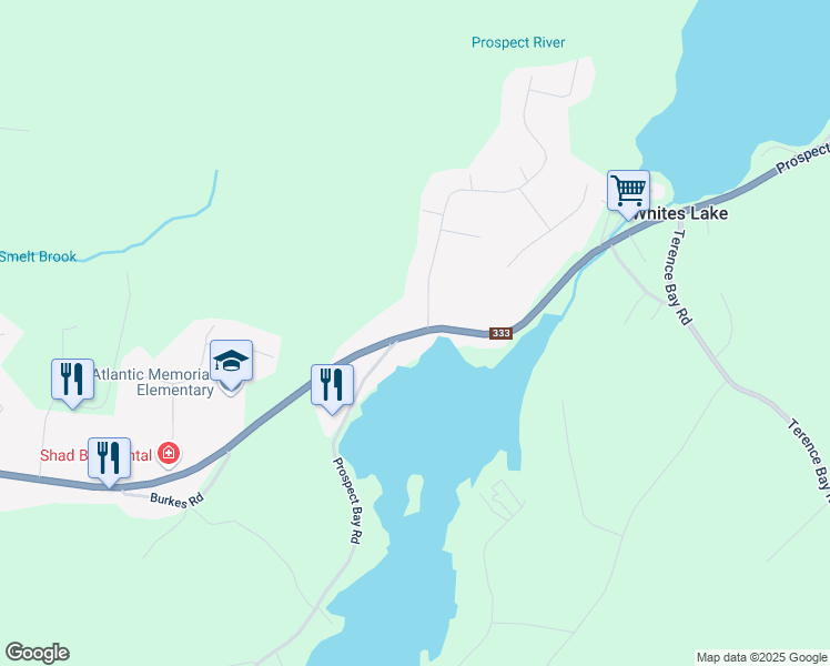 map of restaurants, bars, coffee shops, grocery stores, and more near Prospect Road in Whites Lake
