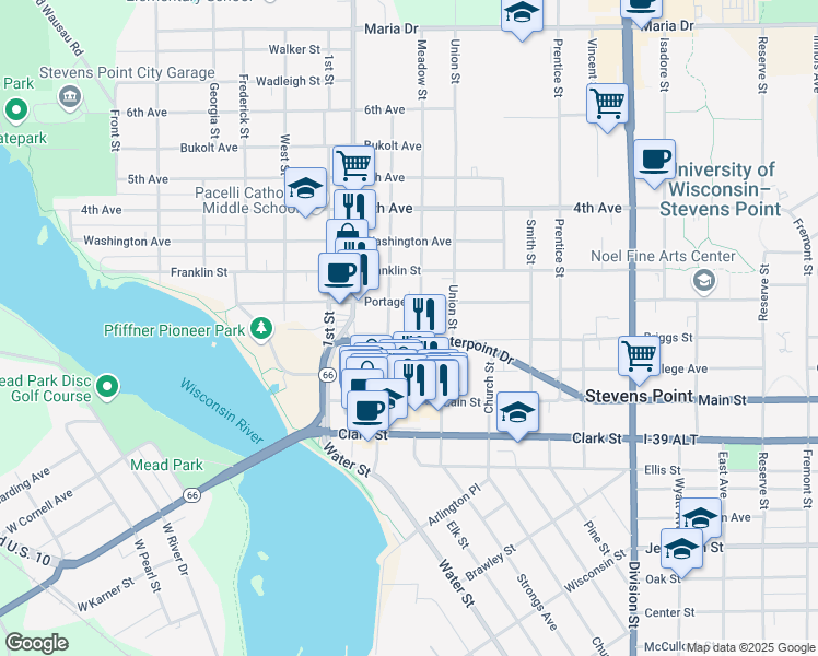 map of restaurants, bars, coffee shops, grocery stores, and more near 1017 3rd Street in Stevens Point