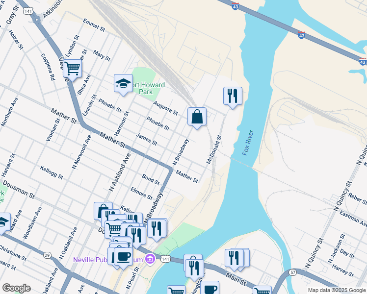 map of restaurants, bars, coffee shops, grocery stores, and more near 403 Phoebe Street in Green Bay