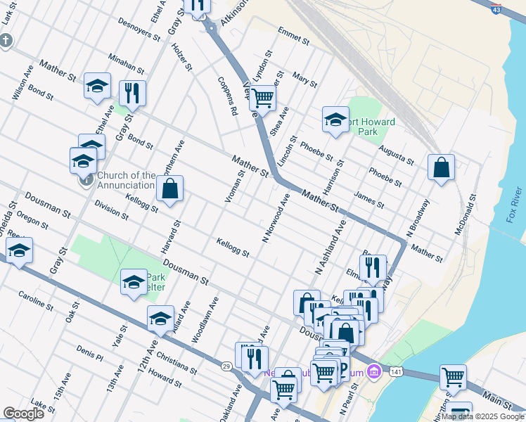 map of restaurants, bars, coffee shops, grocery stores, and more near 533 Melrose Avenue in Green Bay