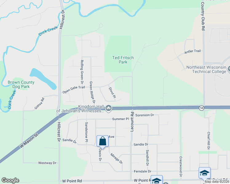 map of restaurants, bars, coffee shops, grocery stores, and more near 911 Divot Place in Green Bay