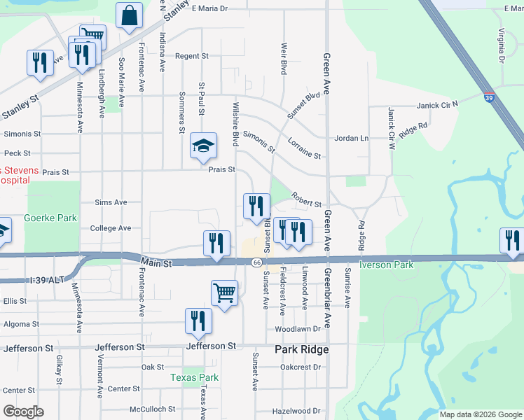 map of restaurants, bars, coffee shops, grocery stores, and more near 1024 Sunset Boulevard in Stevens Point