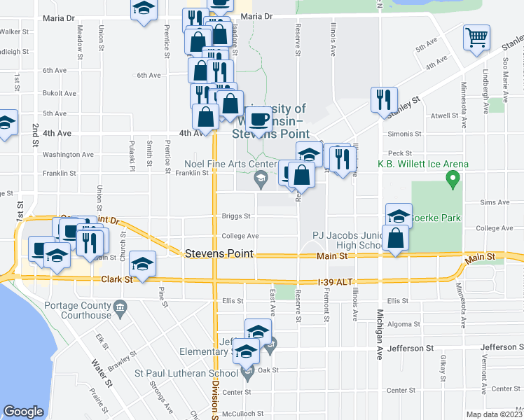 map of restaurants, bars, coffee shops, grocery stores, and more near 1008 Phillips Street in Stevens Point
