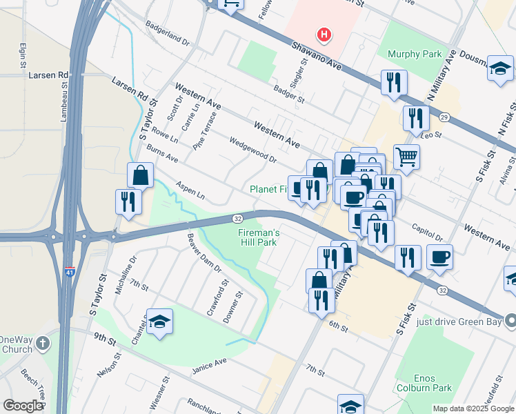 map of restaurants, bars, coffee shops, grocery stores, and more near 1723 Bentwood Drive in Green Bay