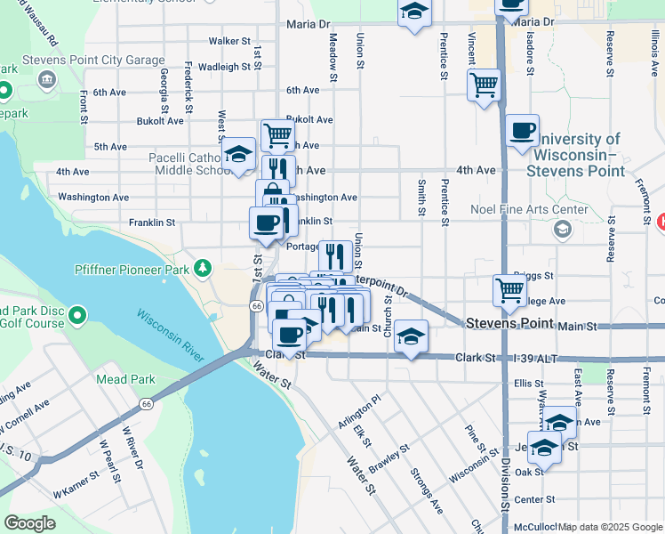 map of restaurants, bars, coffee shops, grocery stores, and more near 1017 3rd Street in Stevens Point