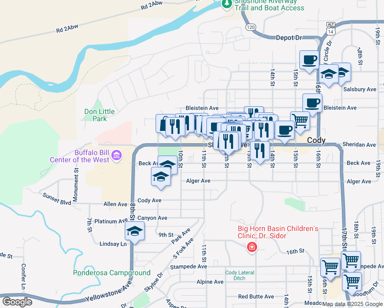 map of restaurants, bars, coffee shops, grocery stores, and more near 1024 Sheridan Avenue in Cody