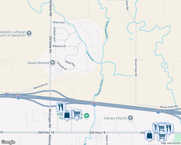 map of restaurants, bars, coffee shops, grocery stores, and more near 1669 Russell Street in Spearfish