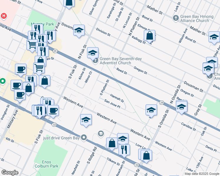 map of restaurants, bars, coffee shops, grocery stores, and more near 111 South Platten Street in Green Bay