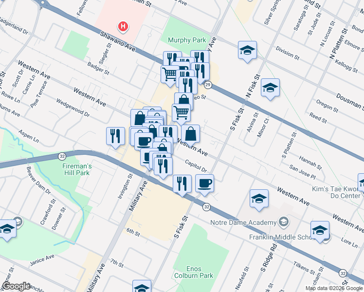 map of restaurants, bars, coffee shops, grocery stores, and more near 1530 Western Avenue in Green Bay