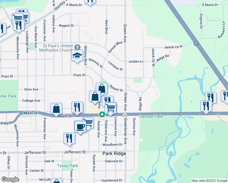 map of restaurants, bars, coffee shops, grocery stores, and more near 3838 Robert Street in Stevens Point