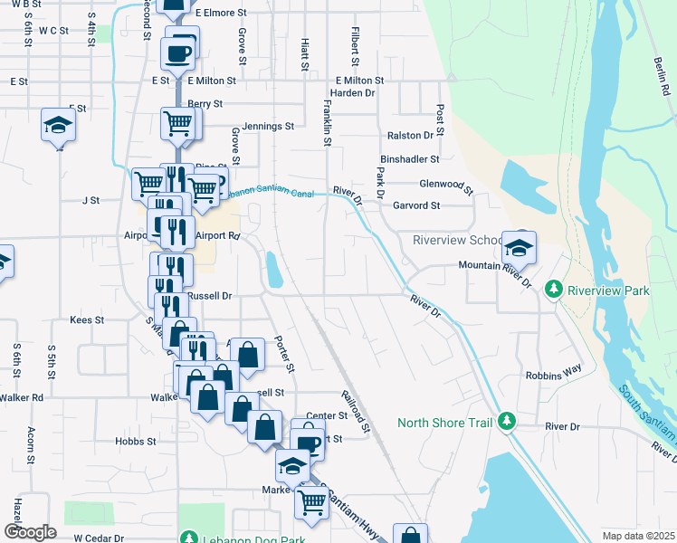 map of restaurants, bars, coffee shops, grocery stores, and more near 2046 River Drive in Lebanon