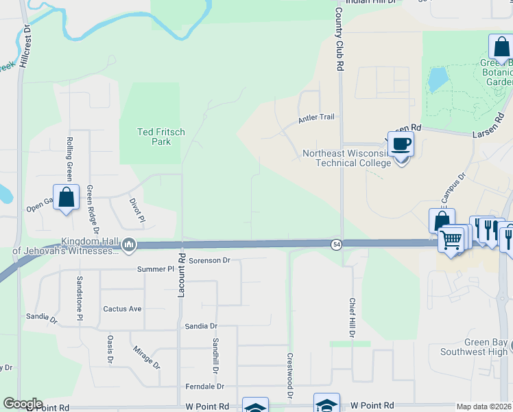 map of restaurants, bars, coffee shops, grocery stores, and more near 905 Red Fox Drive in Green Bay
