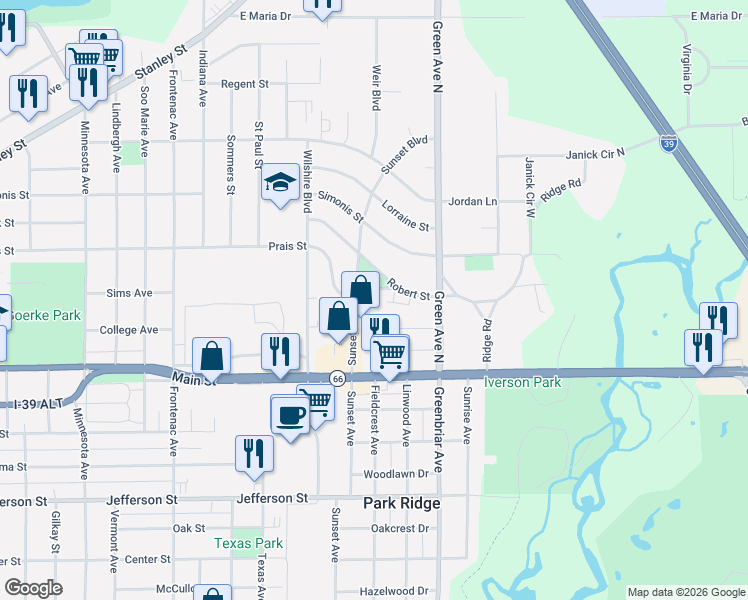 map of restaurants, bars, coffee shops, grocery stores, and more near 1001 Sunset Boulevard in Stevens Point