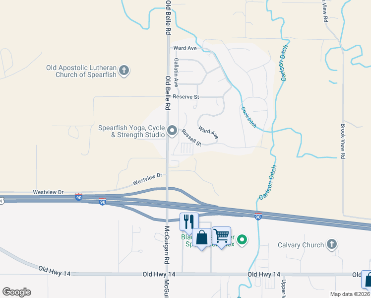 map of restaurants, bars, coffee shops, grocery stores, and more near 3720 Old Belle Road in Spearfish