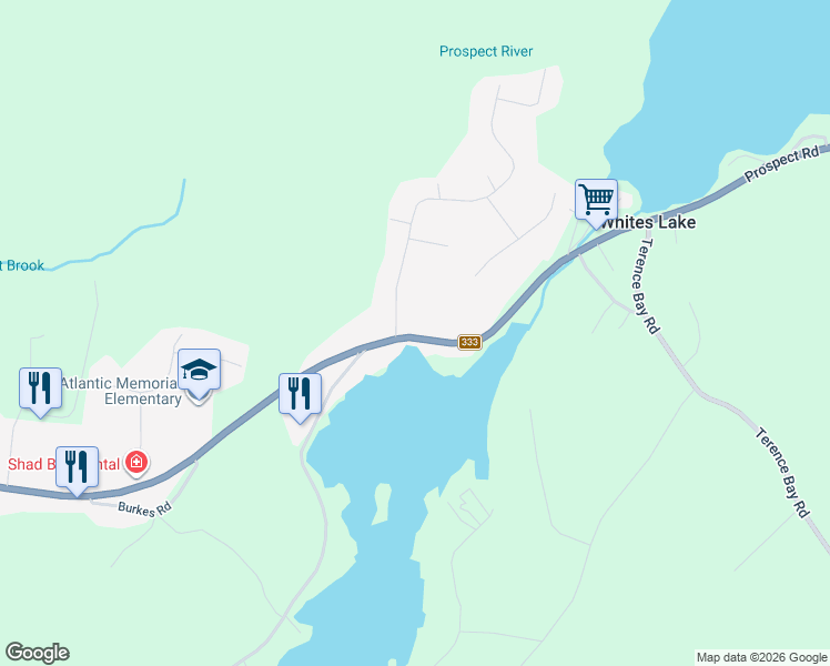 map of restaurants, bars, coffee shops, grocery stores, and more near 3455 Prospect Road in Whites Lake
