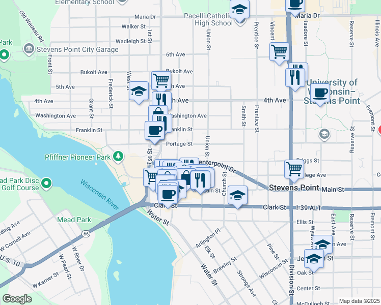 map of restaurants, bars, coffee shops, grocery stores, and more near 1017 3rd Street in Stevens Point