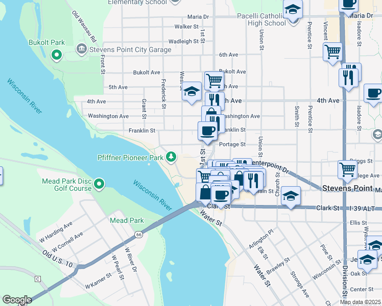map of restaurants, bars, coffee shops, grocery stores, and more near 1004 1st Street in Stevens Point