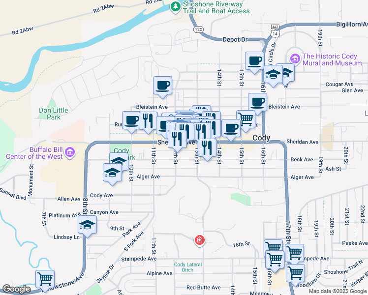 map of restaurants, bars, coffee shops, grocery stores, and more near 1226 Sheridan Avenue in Cody