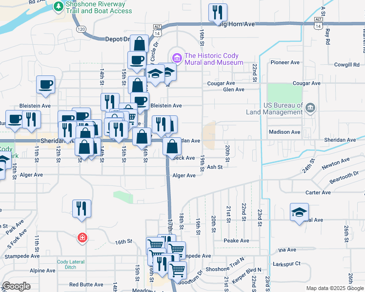 map of restaurants, bars, coffee shops, grocery stores, and more near 1736 Sheridan Avenue in Cody