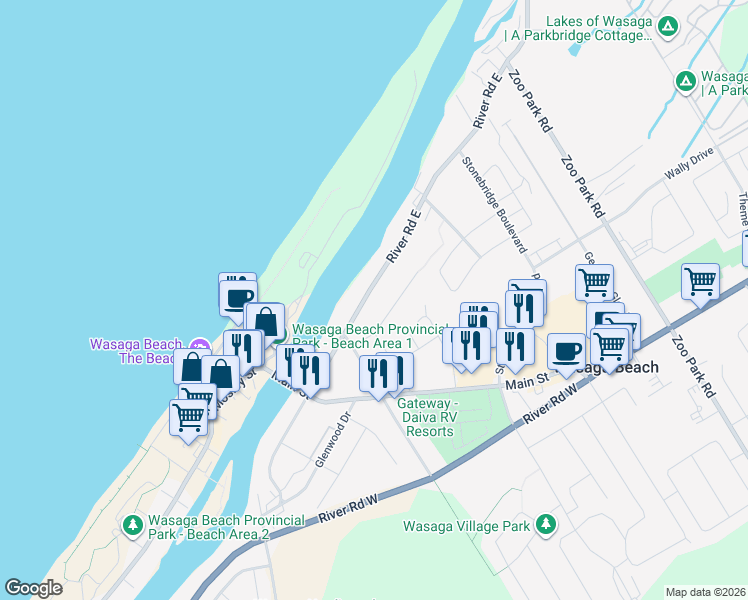map of restaurants, bars, coffee shops, grocery stores, and more near 113 River Road East in Wasaga Beach