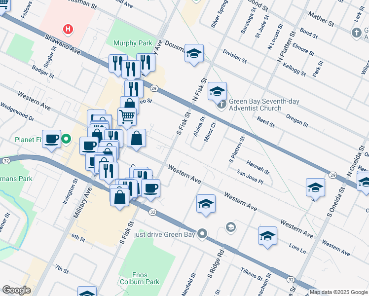 map of restaurants, bars, coffee shops, grocery stores, and more near 216 Alvina Street in Green Bay