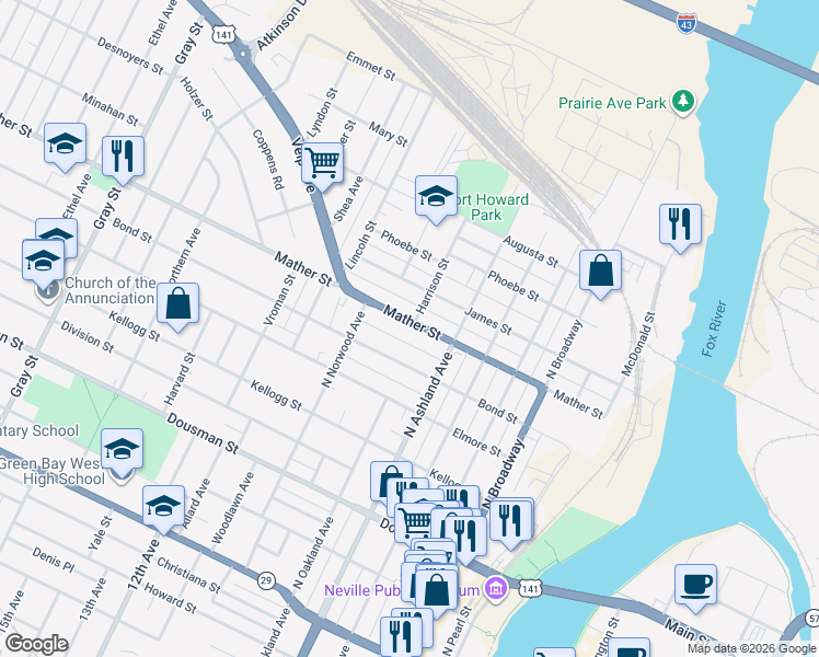 map of restaurants, bars, coffee shops, grocery stores, and more near 728 Mather Street in Green Bay