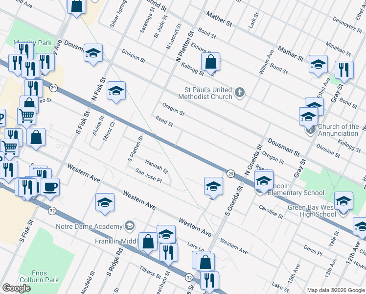 map of restaurants, bars, coffee shops, grocery stores, and more near 1280 Shawano Avenue in Green Bay