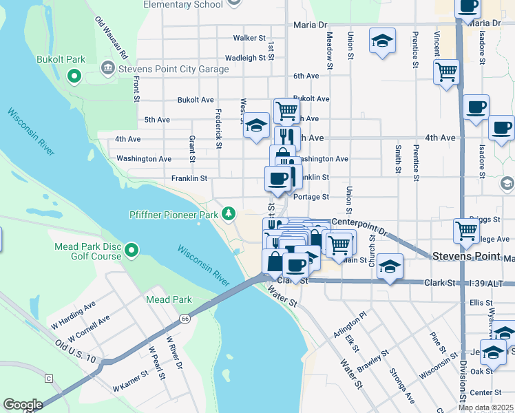 map of restaurants, bars, coffee shops, grocery stores, and more near 1020 1st Street in Stevens Point