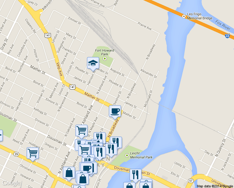 map of restaurants, bars, coffee shops, grocery stores, and more near 817 North Chestnut Avenue in Green Bay