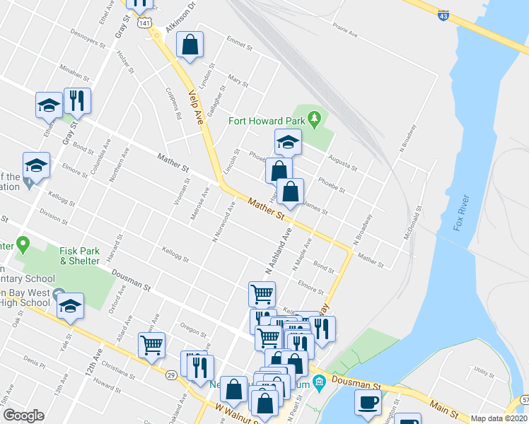 map of restaurants, bars, coffee shops, grocery stores, and more near 728 Mather Street in Green Bay
