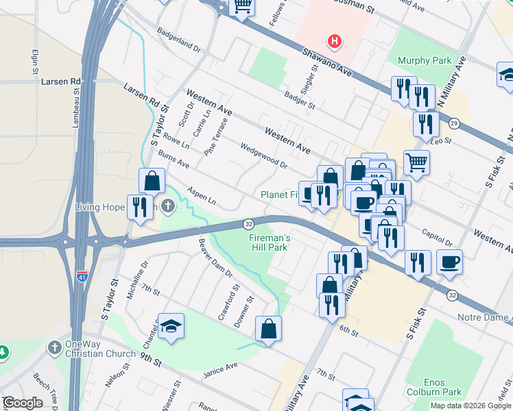 map of restaurants, bars, coffee shops, grocery stores, and more near 1731 Burns Avenue in Green Bay