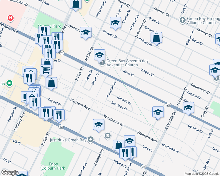map of restaurants, bars, coffee shops, grocery stores, and more near 122 South Platten Street in Green Bay