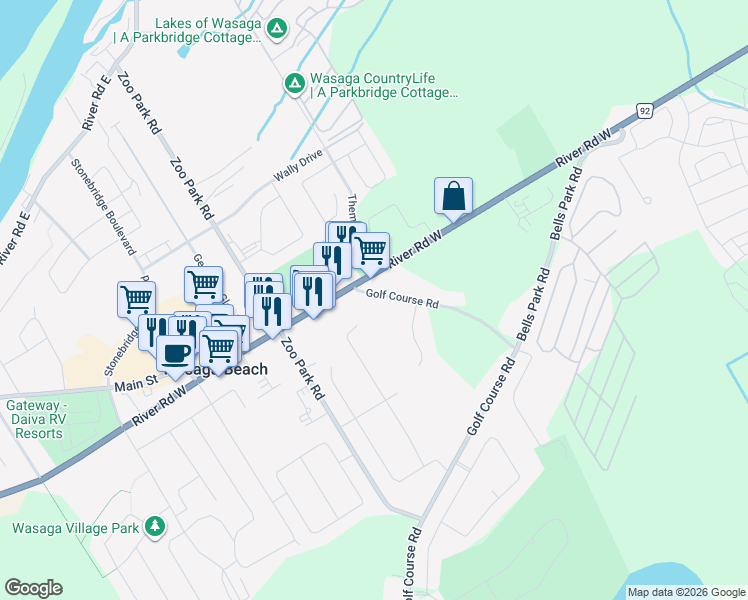 map of restaurants, bars, coffee shops, grocery stores, and more near 18 Golf Course Road in Wasaga Beach