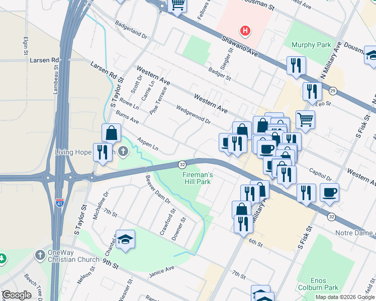 map of restaurants, bars, coffee shops, grocery stores, and more near 1731 Burns Avenue in Green Bay