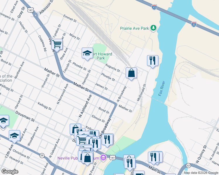 map of restaurants, bars, coffee shops, grocery stores, and more near 817 North Chestnut Avenue in Green Bay