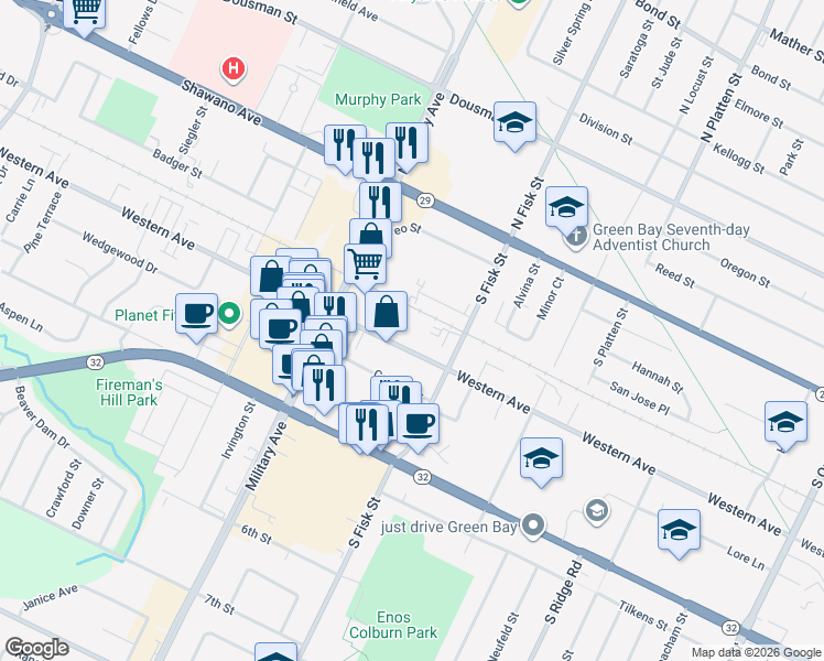 map of restaurants, bars, coffee shops, grocery stores, and more near 1508 Western Avenue in Green Bay