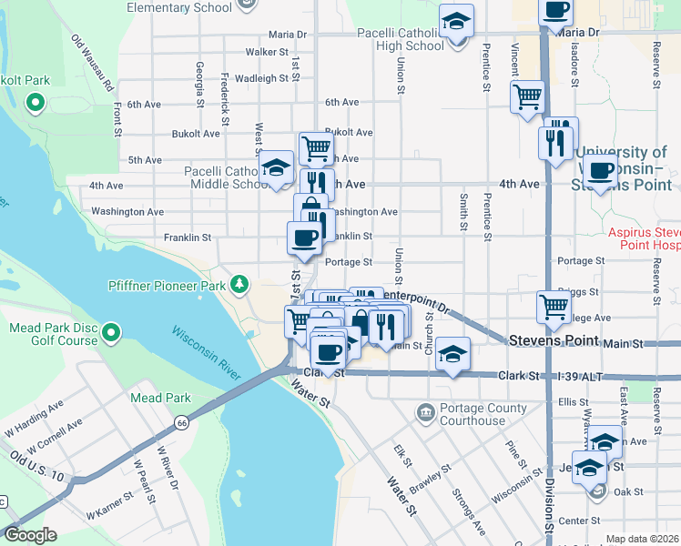 map of restaurants, bars, coffee shops, grocery stores, and more near 1000 3rd Street in Stevens Point