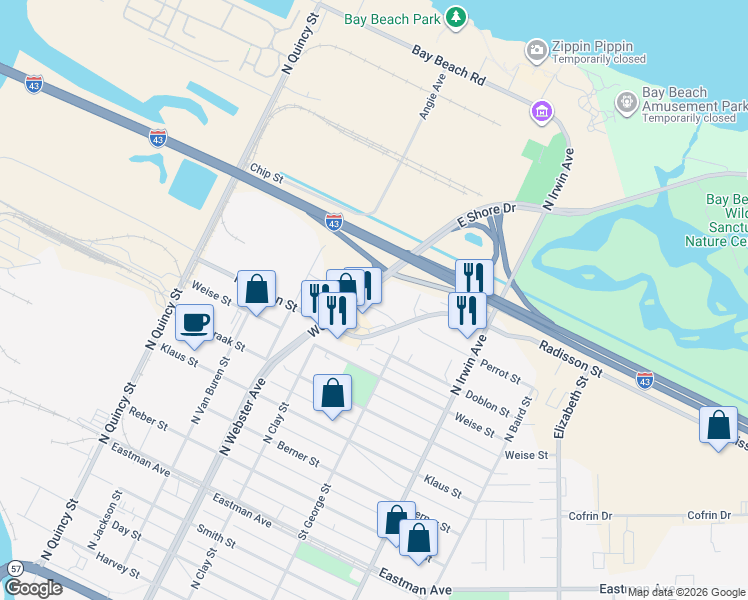 map of restaurants, bars, coffee shops, grocery stores, and more near 1819 Saint George Street in Green Bay