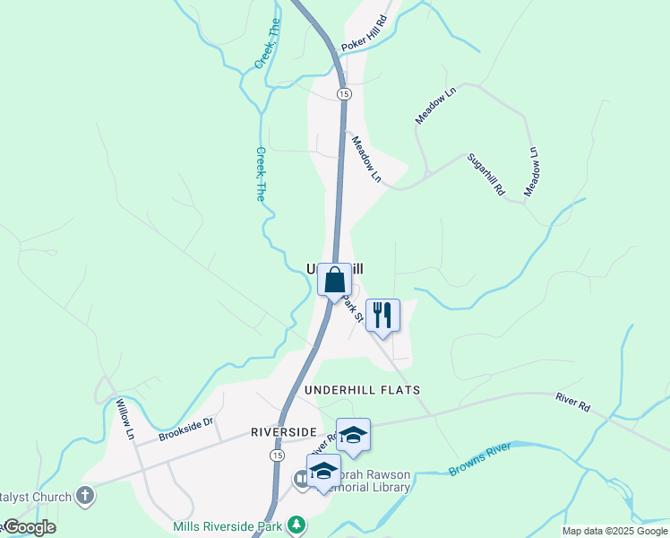 map of restaurants, bars, coffee shops, grocery stores, and more near 406 Vermont 15 in Underhill