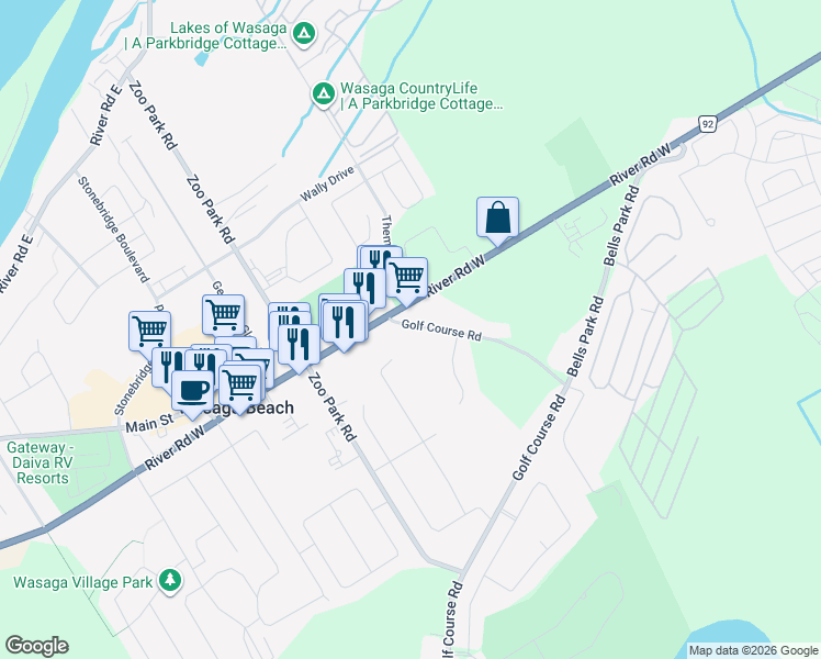 map of restaurants, bars, coffee shops, grocery stores, and more near 18 Golf Course Rd in Wasaga Beach